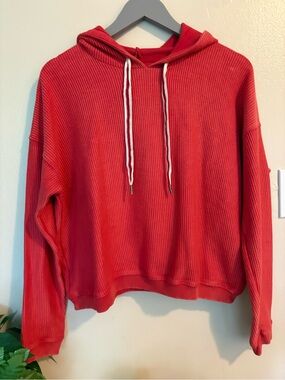 AERIE NWT  Cropped Ribbed Hoodie  Oversized Small Coral Red-Orange Ret $60